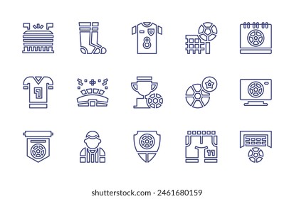 Soccer line icon set. Editable stroke. Vector illustration. Containing soccer, football player, stadium, cup, tv, football, sport clothes, administration, socks, shirt.