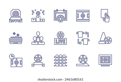 Soccer line icon set. Editable stroke. Vector illustration. Containing winner, soccer field, football, training, badge, football team, red card, ribbon, seats, stadium.