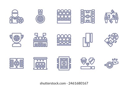 Soccer line icon set. Editable stroke. Vector illustration. Containing trophy, seat, soccer player, football, football field, player change, team bench, stadium, possesion, card, whistle, seats.