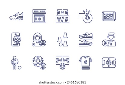 Soccer line icon set. Editable stroke. Vector illustration. Containing soccer field, sport, smartphone, football player, boots, tshirt, soccer, goal, vs, shoes, gambling, whistle, live streaming.