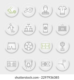 Soccer line icon set, football symbols collection, vector sketches, neumorphic UI UX buttons, sport game signs linear pictograms package isolated on white background, eps 10.