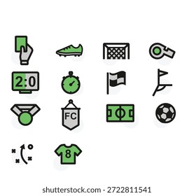 Conjunto de iconos de línea de fútbol con acentos verdes