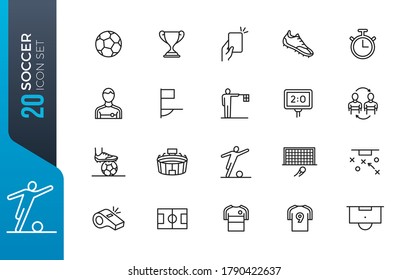 Soccer line icon set. Included the icons as football, ball, player, game, referee, cheer and more. 