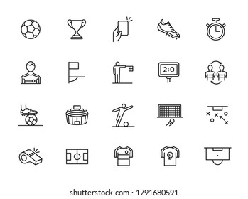 Soccer line icon set. Included the icons as football, ball, player, game, referee, cheer and more. 