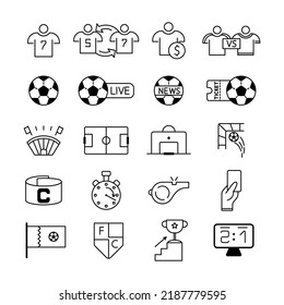 Soccer line icon set. Included the icons as ball, player, live, whistle, stadium and more. Football symbols collection, logo illustrations, vector sketches sport game signs, football championship. 