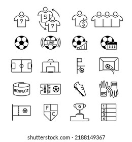 Soccer line icon set. Included the icons as ball, player, live, statistics, captain's armband and more. Football symbols collection, logo illustrations, vector sketches sport game signs, championship