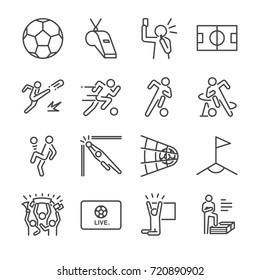 Soccer Line Icon Set. Included The Icons As Football, Ball, Player, Game, Referee, Cheer And More.