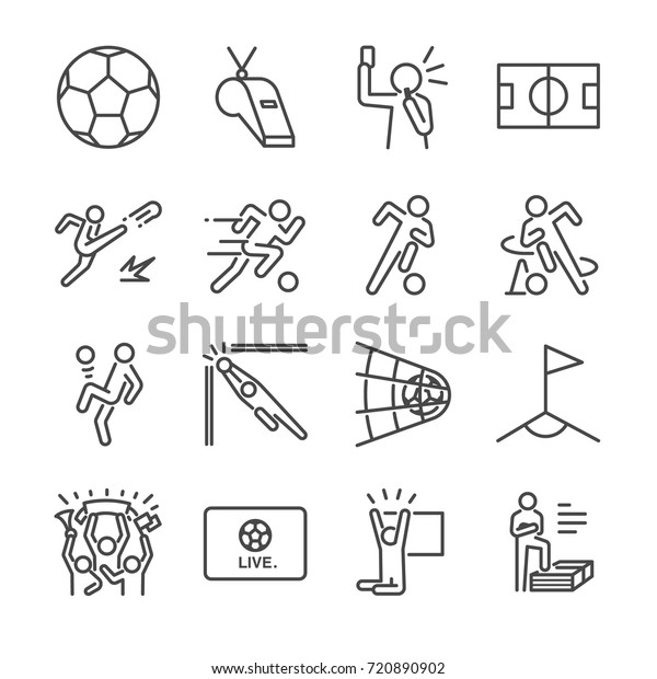 Soccer line icon set. Included\
the icons as football, ball, player, game, referee, cheer and\
more.