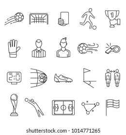 Soccer line icons set design for labels and advertising. Contains such icons as stadium, field, ball and more. Sport accessories collection for info graphics, websites and print media. Editable stroke