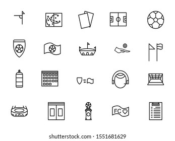 soccer line icons set vector illustration. Contains such icon as soccer, ball, corner, yellow card, bottle, and more. Editable stroke