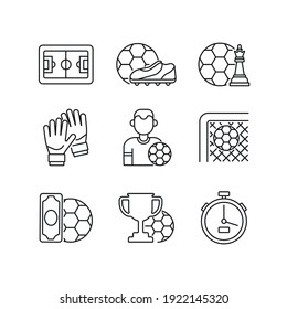 Soccer linear icon set. Play football with team. Sport game gear. Kick to score goal. Vector isolated outline drawing. Editable stroke