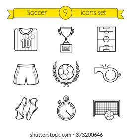 Soccer Linear Icons Set. Football Players Kit. Soccer Shirt, Shorts And Boots. Playing Field, Soccer Ball And Goal Thin Line Illustrations. Contour Symbols. Vector Isolated Outline Drawings