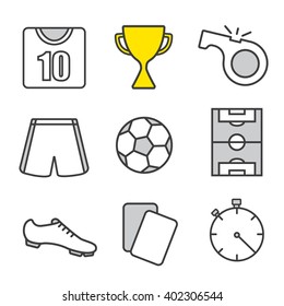 Soccer linear icons set. Football player kit. Winner's gold cup, referee's whistle and cards, ball, field, stopwatch. Sport uniform. Shoes, shorts, t-shirt. Isolated vector line illustrations