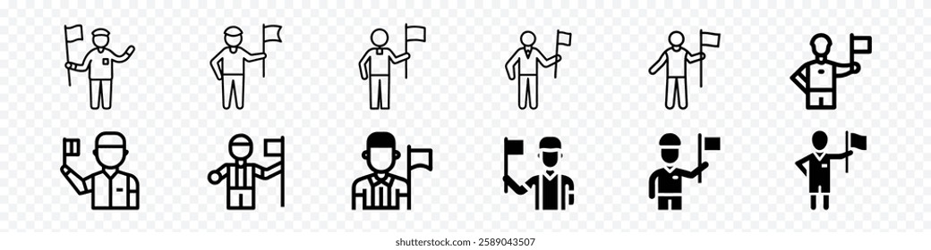 Soccer Linesman icon, Soccer Linesman Referee Holding Flag Icon – Assistant Referee Signaling Offside in Football Match Illustration