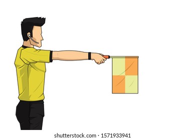 soccer linesman referee wave the flag to point an offside. football cartoon concept vector illustration.