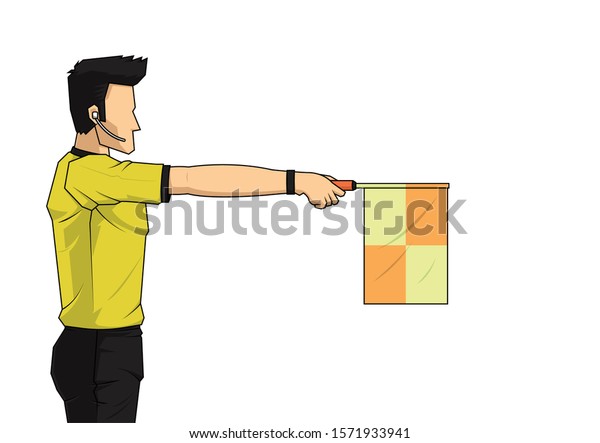 soccer linesman\
referee wave the flag to point an offside. football cartoon concept\
vector illustration.