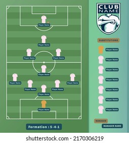 Lineas de fútbol, jugadores de fútbol 5-4-1 Esquema de formación en un campo de fútbol Ilustración vectorial.