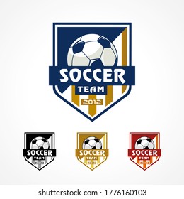 Soccer logo, American badge sports. Vector design for football academy team emblem. Tournament shield label with blue, black, gold and red colors illustration