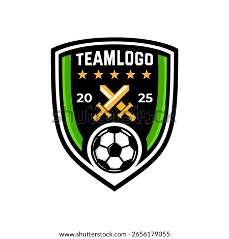 soccer logo badge with a sword shape and soccer ball illustration. sport team logo vector template.