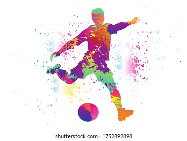 Soccer logo design. Football player kick the goal. Colorful sport background. Vector illustration.