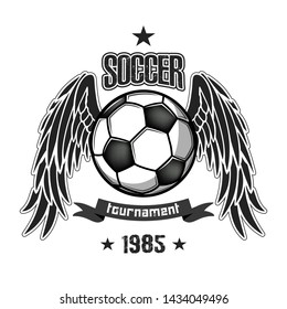 Soccer logo design template. Football emblem pattern. Soccer ball with wings on isolated background. Vintage style. Print on t-shirt graphics. Vector illustration