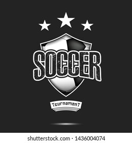 Soccer logo design template. Football emblem pattern. Soccer ball and shield with vintage lettering on an isolated background. Print on t-shirt graphics. Vector illustration