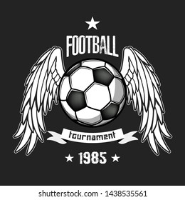 Soccer logo design template. Football emblem pattern. Football ball with wings on isolated background. Vintage style. Print on t-shirt graphics. Vector illustration