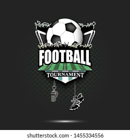 Soccer logo design template. Football emblem pattern. Soccer ball, gate, fans, field, shield, whistle and football boots on background with bubbles. Vector illustration