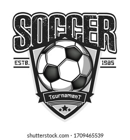 Soccer logo design template. Football emblem pattern. Vintage style on isolated background. Print on t-shirt graphics. Vector illustration