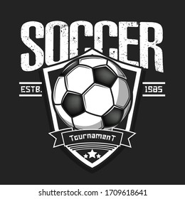 Soccer logo design template. Football emblem pattern. Vintage style on isolated background. Print on t-shirt graphics. Vector illustration