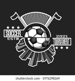 Soccer logo design template. Football emblem pattern.  Vintage style on isolated background. Print on t-shirt graphics. Vector illustration