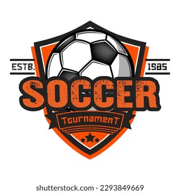 Soccer logo design template. Football emblem pattern. Vintage style on isolated background. Print on t-shirt graphics. Vector illustration