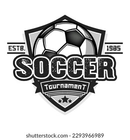 Soccer logo design template. Football emblem pattern. Vintage style on isolated background. Print on t-shirt graphics. Vector illustration