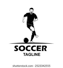 Soccer logo with dynamic elements of the soccer game with a modern and elegant touch. The ball and character shape of the logo representing the speed and movement of the player on the field