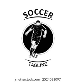 Soccer logo with dynamic elements of the soccer game with a modern and elegant touch. The ball and character shape of the logo representing the speed and movement of the player on the field.