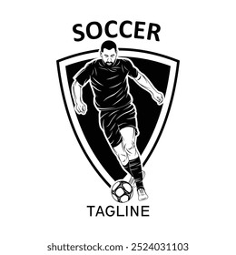 Soccer logo with dynamic elements of the soccer game with a modern and elegant touch. The ball and character shape of the logo representing the speed and movement of the player on the field.