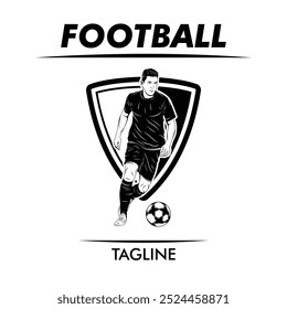 Soccer logo with dynamic elements of the soccer game with a modern and elegant touch. The ball and character shape of the logo representing the speed and movement of the player on the field.