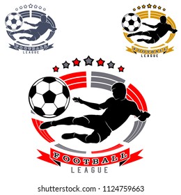 Soccer logo with football player silhouette and ball on stadium or arena background, black-red, black-yellow and monochrome image