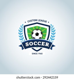 Soccer logo. Green and dark blue soccer football badge logo design template, sport logotype template. Soccer Themed T shirt. Football logo. Vector illustration.