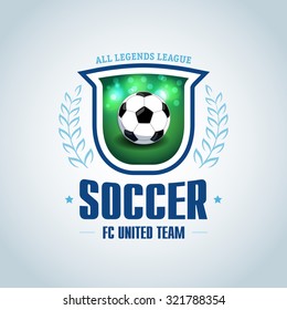Soccer logo. Green and dark blue soccer football badge logo design template, sport logotype template. Soccer Themed T shirt. Football logo. Vector illustration.