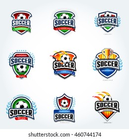 Soccer logo set. Football logotypes. Set of soccer football crests and logo template emblem designs, logotypes design concepts of football icons. Collection of Soccer Themed T shirt Graphics