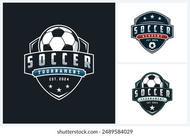 Soccer logo sport design template, soccer or football emblem vector, soccer or football tournament badge logo design vector illustration