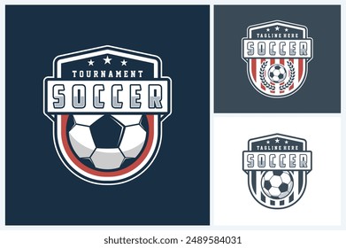 Soccer logo sport design template, soccer or football emblem vector, soccer or football tournament badge logo design vector illustration