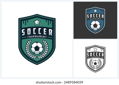 Soccer logo sport design template, soccer or football emblem vector, soccer or football tournament badge logo design vector illustration