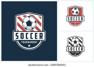 Soccer logo sport design template, soccer or football emblem vector, soccer or football tournament badge logo design vector illustration