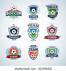 Soccer logo templates set. Football logotypes. Set of soccer football crests and logo template emblem designs, logotypes design concepts of football icons. Collection of Soccer Themed T shirt Graphics