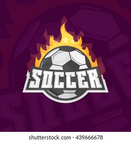 Soccer logotype stylized with burning ball. Yellow flame on background. Football shape with ball.