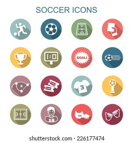 soccer long shadow icons, flat vector symbols