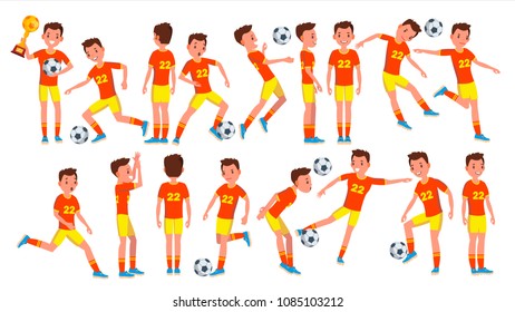 Soccer Male Player Vector. Playing In Different Poses. Summer Activity. Pass. Ball. Man Athlete. Isolated On White Cartoon Character Illustration
