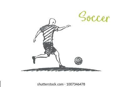 Soccer. Man kicks his foot the football ball. Vector lifestyle illustration, hand drawn sketch.